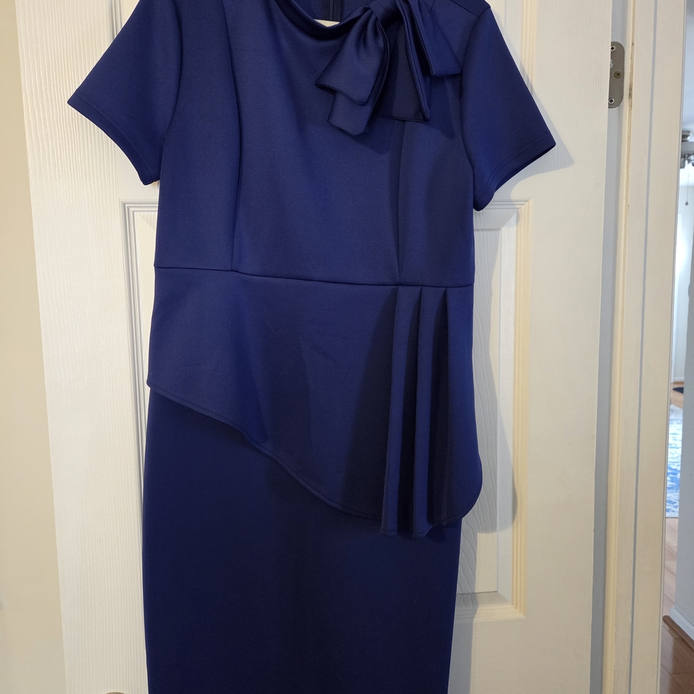 Chic Asymmetrical Navy Dress with Bow Accent